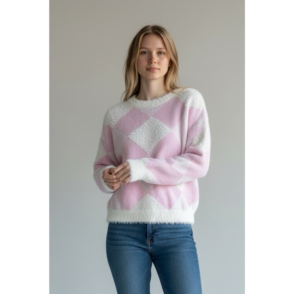 Threaded Leaf Super Soft Cozy Pink White Diamond Argyle Crop Sweater Large